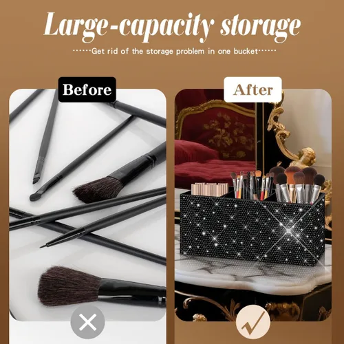 Vista 4 de Bling - Organizador de brochas de maquillaje, 3 ranuras para cosméticos, soportes de almacenamiento con diamantes de imitación brillantes, bonito