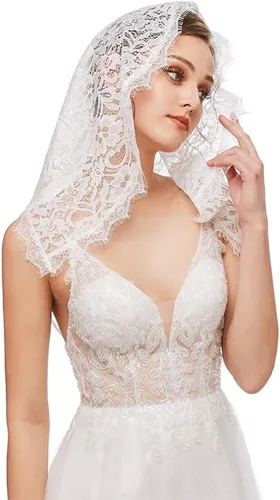 Vista 3 de Velo de mantilla de encaje, bufanda de encaje floral vintage, triángulo blanco, velo de boda, velos largos de capilla, iglesia católica de misa