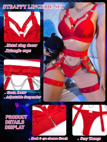 Vista 3 de popiv Conjunto de lencería de tirantes para mujer con cadena, liguero y medias, 4 piezas