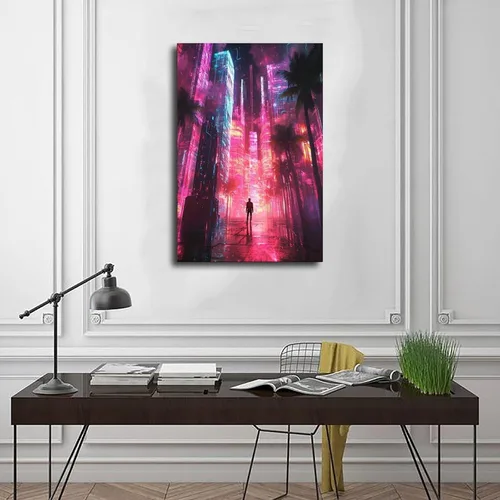Vista 3 de Vaporwave Aesthetic Poster – Cyberpunk Retro Art Print with Neon City And Palm Trees Decor Poster Print Decorative Painting Canvas Wall Art Living