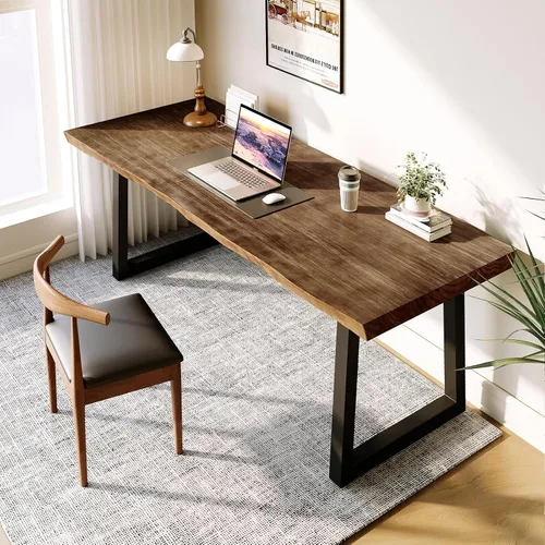 Vista 6 de Escritorio de madera maciza de 55 pulgadas, escritorio de computadora para oficina en casa, escritorio rústico de madera, escritorio de metal Marrón