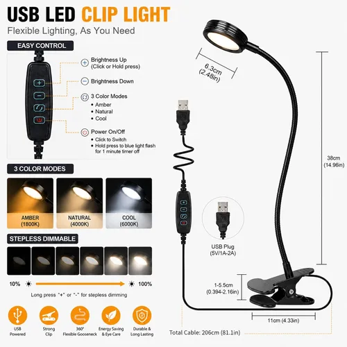 Vista 2 de Lámpara de escritorio USB con clip con 3 modos de color, brillo ajustable, cuello de cisne, temporizador de 1 minuto, luz de libro para leer libro