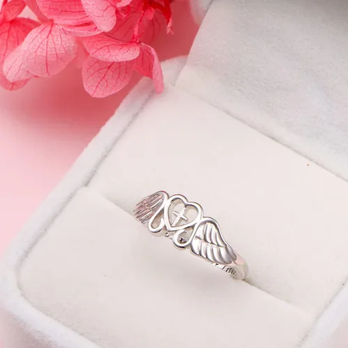 Vista 5 de FLYOW Anillo de plata de ley S925 A Piece of My Heart Lives in Heaven con alas de ángel para mujer, joyería de recuerdo de mamá, papá, abuela