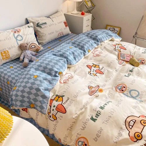 Vista 3 de BlueBlue Cars - Juego de funda de edredón de 100 % algodón, ropa de cama de transporte para automóvil, avión, camión sobre blanco crema, 1 funda
