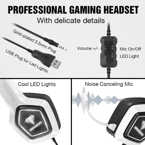 Vista 6 de BENGOO G9700 - Auriculares para juegos para PS4, PS5, Xbox One, control de PC, cancelación de ruido con micrófono, luz LED blanca, sonido envolvente