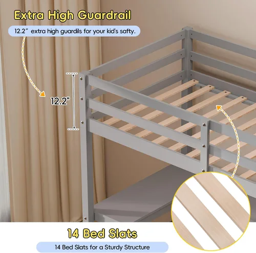 Vista 12 de Xilingol - Cama alta individual con escaleras y escritorio, cama alta de madera maciza, cama alta resistente con escritorio en forma de L, tiras