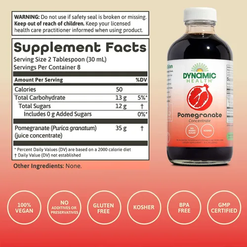 Vista 2 de Dynamic Health Concentrado de jugo de granada Sin aditivos ni conservantes Antioxidante 8oz