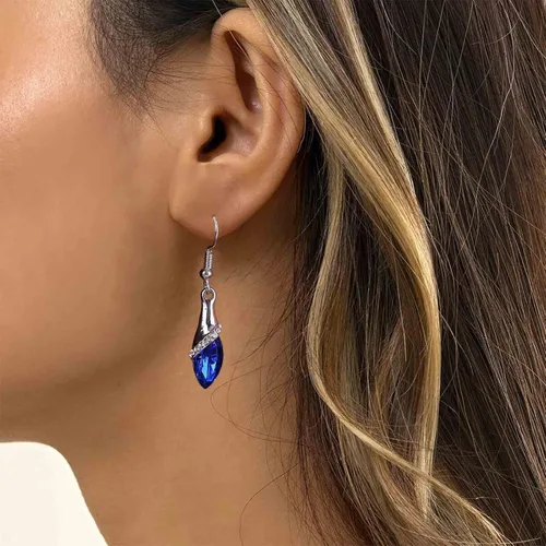 Vista 3 de Aretes colgantes de zafiro azul vintage, aretes de cristal de lágrima azul, aretes de gota de cristal de zafiro, aretes de gancho de topacio