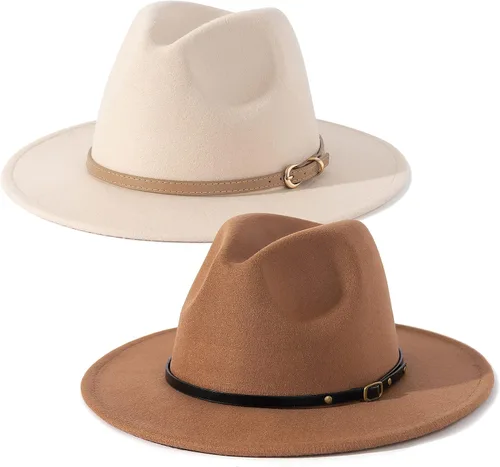 Vista 11 de Lisianthus Paquete de 2 Sombreros Fedora Clásicos de Ala Ancha con Hebilla de Cinturón para Hombre y Mujer Conjunto 1