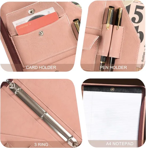 Vista 4 de AZXCG Carpeta de 3 anillas, cartera de cuero vegano con cremallera con soporte para bloc de notas tamaño A4/carta, organizador de trabajo