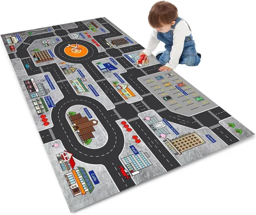 Vista 11 de Alfombra de juego para niños, ideal para jugar con autos y juguetes, alfombra educativa de carretera y tráfico para niños, alfombra divertida