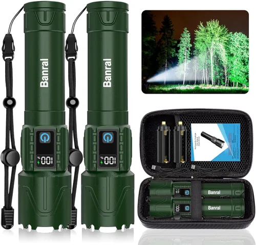 Vista 10 de Linternas tácticas recargables Banral de 2000 lúmenes altos - 5000mAh súper brillantes, linterna LED potente impermeable, linterna USB C portátil