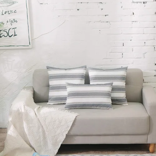Vista 6 de Funda de almohada a rayas de lino sintético suave cuadrada decorativa con cremallera oculta para sofá, auto o dormitorio 12" x 12" Negro y blanco