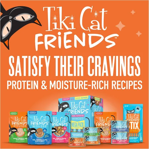 Vista 11 de Tiki Cat Aloha Friends Alimento húmedo y sin cereales para gatos de todas las edades, recetas de pollo con calabaza, sobres de 2.5 onzas