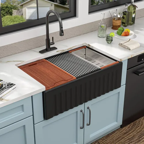Vista 14 de Estación de trabajo de fregadero de granja negra de 30 x 20 pulgadas, delantal reversible con repisa, lavabo de cocina de cerámica de porcelana