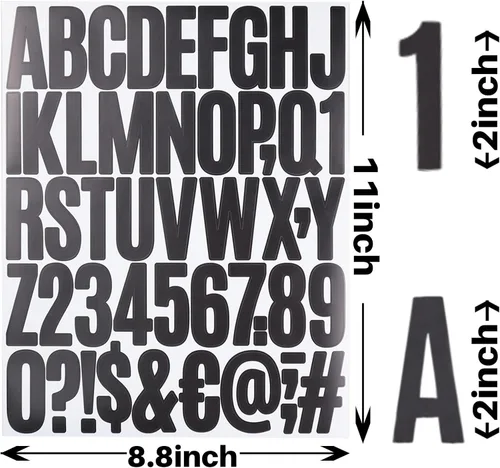 Vista 7 de 8 hojas de calcomanías de números de letras, calcomanías de vinilo del alfabeto de 2 pulgadas, calcomanías autoadhesivas de letras de puntuación