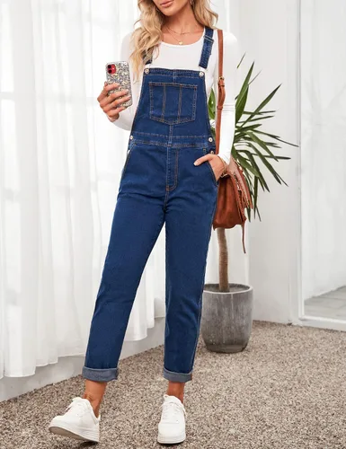 Vista 5 de LookbookStore - Overol de mezclilla elástico e informal para mujer, pantalones y pechera con bolsillos