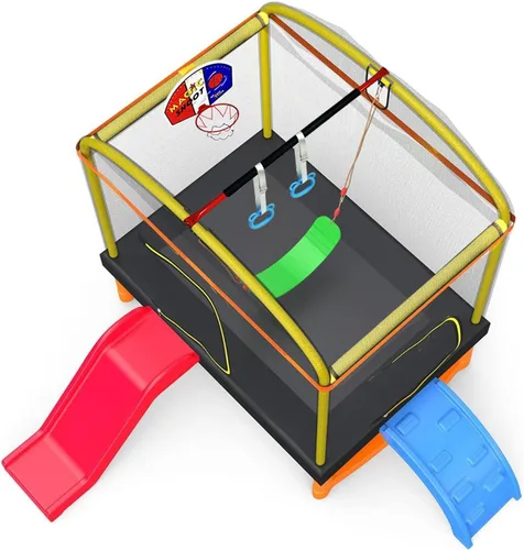Vista 9 de Trampolín rectangular de 6.5 pies con columpio de baloncesto para escalada al aire libre para niños, trampolines de recreación con red de seguridad