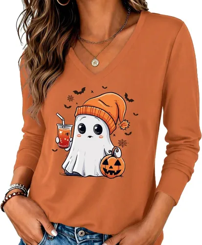 Vista 7 de Zeagoo Camisas de manga larga para mujer, cuello en V, casual, básica Rosa
