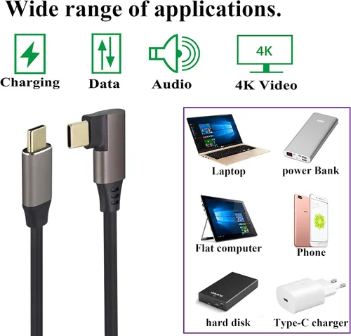 Vista 7 de Cable USB C a USB C 3.1 Gen 2 en ángulo recto de 10 Gbps USB 3.1 tipo C macho a macho, cable de extensión de carga rápida compatible con Google