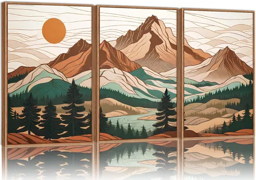Vista 15 de Tinonedraw Arte de Pared en Lienzo Enmarcado de Paisaje de Montaña Beige, Decoración de Pared Moderna Abstracta de Mediados de Siglo, Arte de Lago