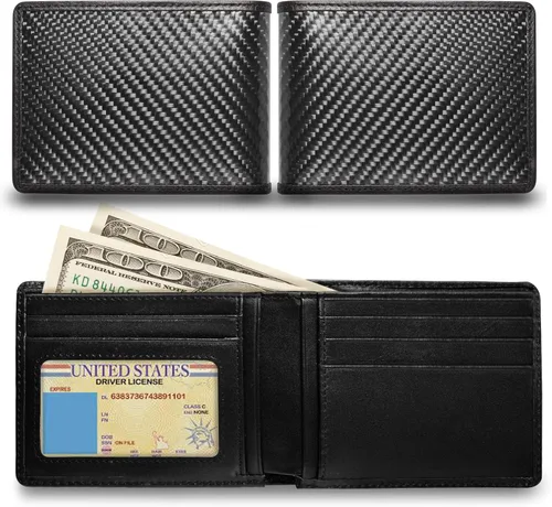 Vista 3 de iPick Image para Ford Thunderbird - Cartera doble de cuero de fibra de carbono real con bloqueo RFID, Negro