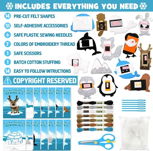 Vista 3 de CiyvoLyeen Kit de costura de animales polares para niños, haz tu propio kit de manualidades de fieltro de animales polares de invierno, incluye 14