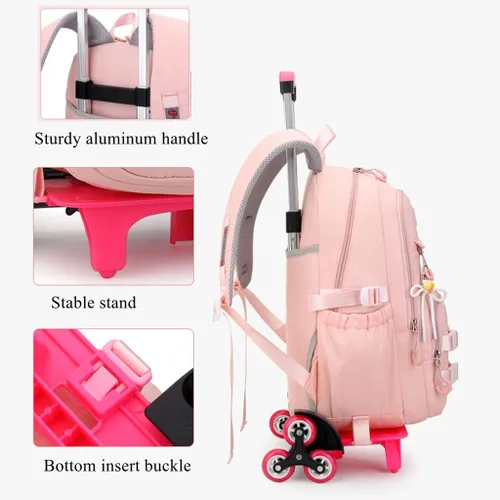 Vista 5 de Mochila con ruedas para niñas, mochila con ruedas para niños, mochila escolar con ruedas, 2 Wheels-pink