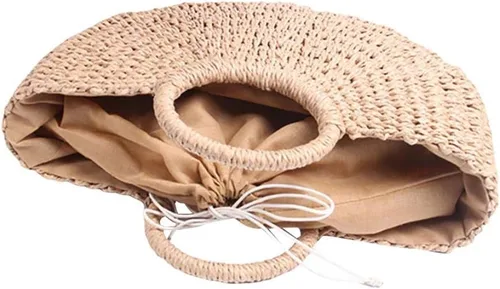 Vista 7 de Bolsa de paja para mujer bolsa de playa de paja de verano grande tejida redonda asa de mano Hobo Natural Rattan Travel Beige talla única