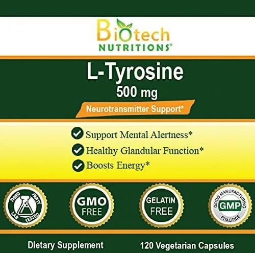 Vista 3 de L-tirosina 500 mg 120 cápsulas vegetales fabricadas en Estados Unidos sin OMG, tirosina libre de gelatina