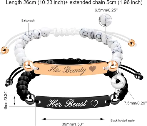 Vista 3 de Uloveido Pulseras personalizadas para parejas con imán, acero inoxidable y cuentas naturales, grabado personalizado, hecho a mano, cuerda trenzada