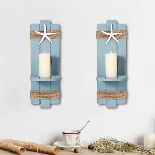 Vista 2 de SOMTO Apliques de Pared con Velas de Estrella de Mar de Playa, Portavelas de Pared con Temática Oceánica, Decoraciones Rústicas Náuticas Costeras