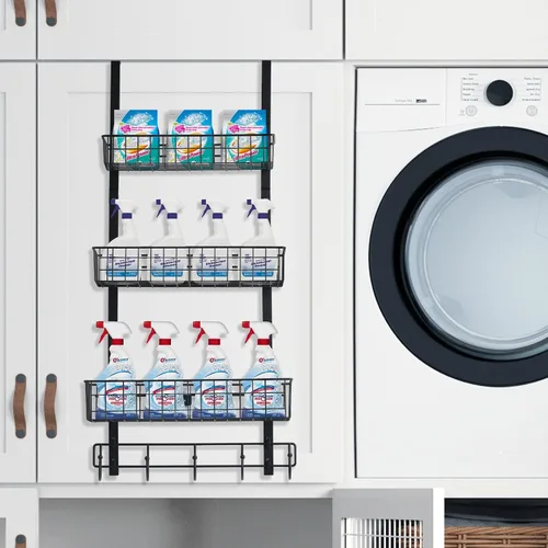 Vista 4 de CADUKE Organizador Negro Sobre la Puerta Organizador Sobre la Puerta Ganchos con Cesta de Almacenamiento Toalleros para Puerta de Baño Estante
