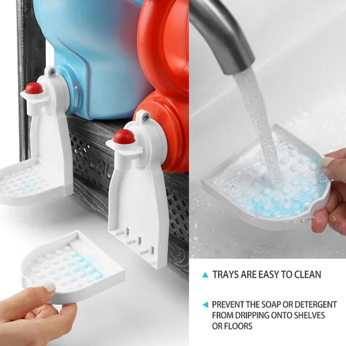 Vista 5 de Soporte de madera para detergente para ropa – Estante rústico de lavandería para dos botellas de detergente, almacenamiento y decoración