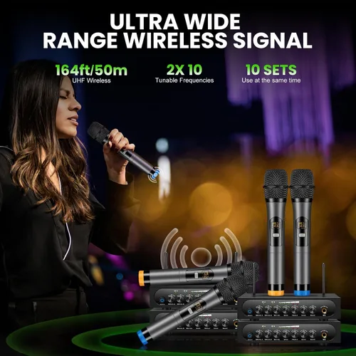 Vista 3 de Sistema de micrófono inalámbrico Micrófono dinámico inalámbrico UHF Micrófono de mano inalámbrico de doble canal con Echo Bluetooth Control
