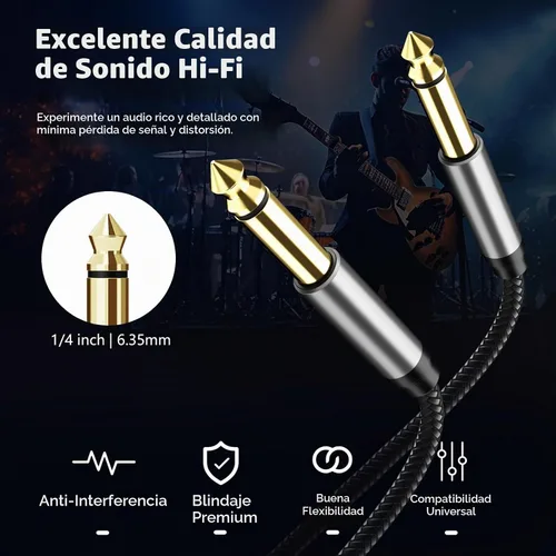 Vista 6 de Cable de instrumento de 6,35 mm 3 pies, cable de conector Jack mono 6,35 mm 1/4 pulgadas TS plateado premium desequilibrado, cable de parche