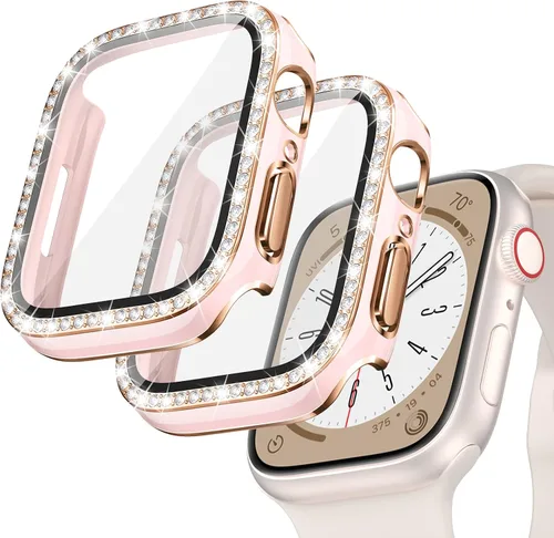 Vista 26 de Goton - Pack de 2 Fundas Bling para Apple Watch con Protector de Pantalla 40mm SE 3/2/1, Series 6/5/4, Funda con Purpurina para Mujer con Diamantes