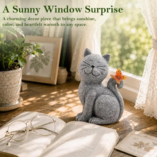 Vista 4 de Nacome Estatuas de Gato para Exteriores para Jardín: Decoración Exterior con Mariposa en Liquidación para Arte de Patio, Adornos de Césped, Porche