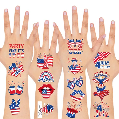 Vista 4 de HOWAF Tatuajes falsos del 4 de julio, 96 piezas de tatuajes del 4 de julio, tatuajes temporales del Día de la Independencia estadounidense