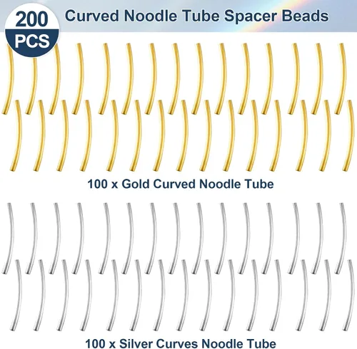 Vista 3 de PAGOW 200 cuentas de tubo, cuentas curvadas de fideos de 0.98 pulgadas, cuentas espaciadoras doradas y plateadas para hacer joyas, collares