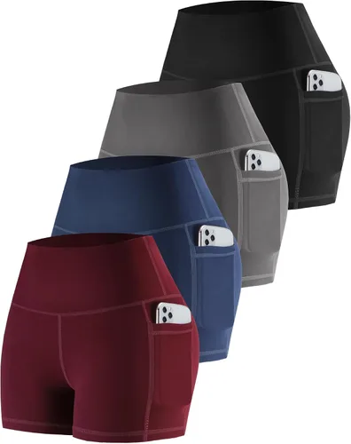 Vista 46 de CHRLEISURE - Pantalones cortos de ciclismo para mujer con bolsillos de licra, cintura alta, con control de abdomen para entrenamiento, yoga