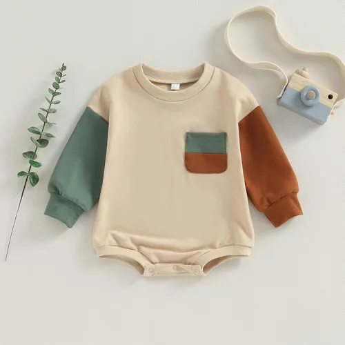 Vista 2 de AEEMCEM Sudadera de bloque de color para bebé niño y niña, mameluco de gran tamaño, suéter de burbujas de manga larga, con bolsillo