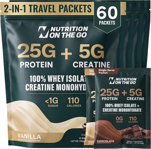 Vista 9 de Paquetes de viaje 2 en 1 con aislamiento de proteína de suero + creatina, chocolate, paquete de 15