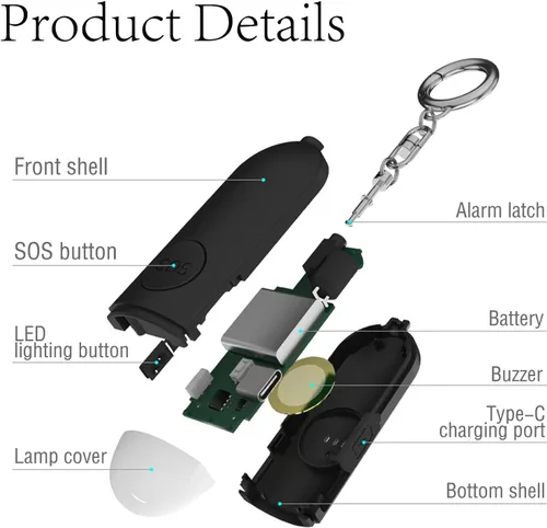 Vista 2 de Luz estroboscópica de alarma de seguridad personal, paquete de 2 llaveros de sirena con mosquetón para mujeres, niños escolares, corredores