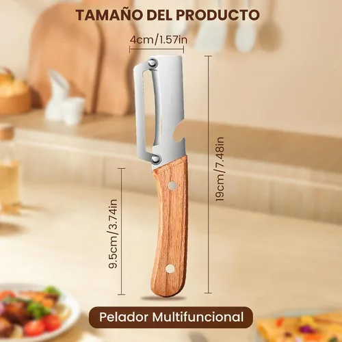 Vista 2 de Nuevo pelador de verduras multifuncional para cocina, con mango de madera y abridor de botellas, hoja de acero inoxidable ultra afilada para frutas