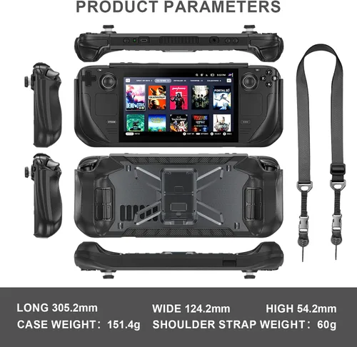 Vista 2 de Funda para Steam Deck 2021 2022, con soporte ajustable, goma suave, protección completa, resistente, a prueba de golpes, correa de hombro