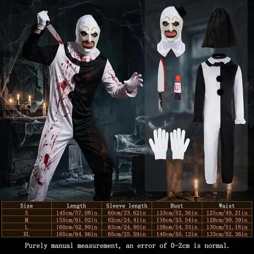 Vista 7 de Disfraz de payaso artístico para cosplay, disfraz de terror de Halloween, payaso asesino, traje de terror con overol de máscara de látex, cuchillo