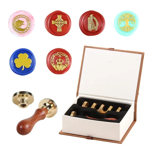 Vista 11 de Juego de 6 piezas de sello de cera de madera con cabeza de latón extraíble + 2 asas de madera + caja de cofre del tesoro de madera y cuero