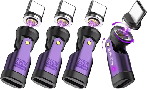 Vista 9 de Adaptador magnético USB C, 240 W PD de carga rápida de 480 Mbps de datos de 9 pines, giratorio de 540° con indicador LED, puntas protectoras
