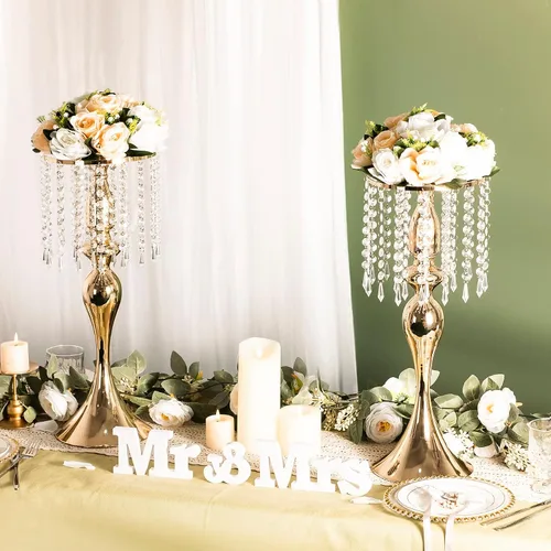 Vista 4 de Centros de mesa de boda para mesas, 21.3 pulgadas, 2 jarrones de metal dorado con cristal Soporte de flores para centros de mesa de boda
